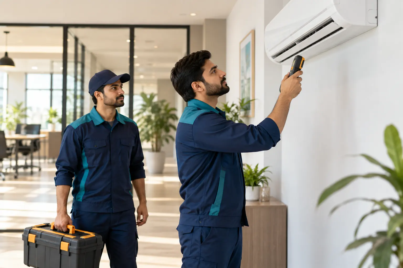 Two uniformed technicians with a toolbox checking a split AC unit in an office
