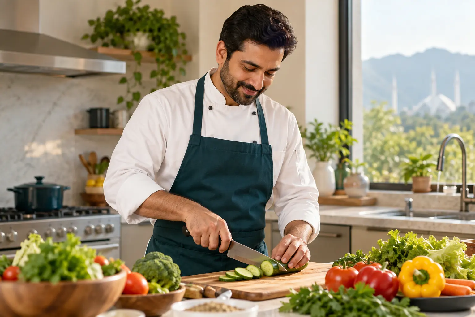 Cook preparing fresh vegetables in a home kitchen with a view of Faisal Mosque