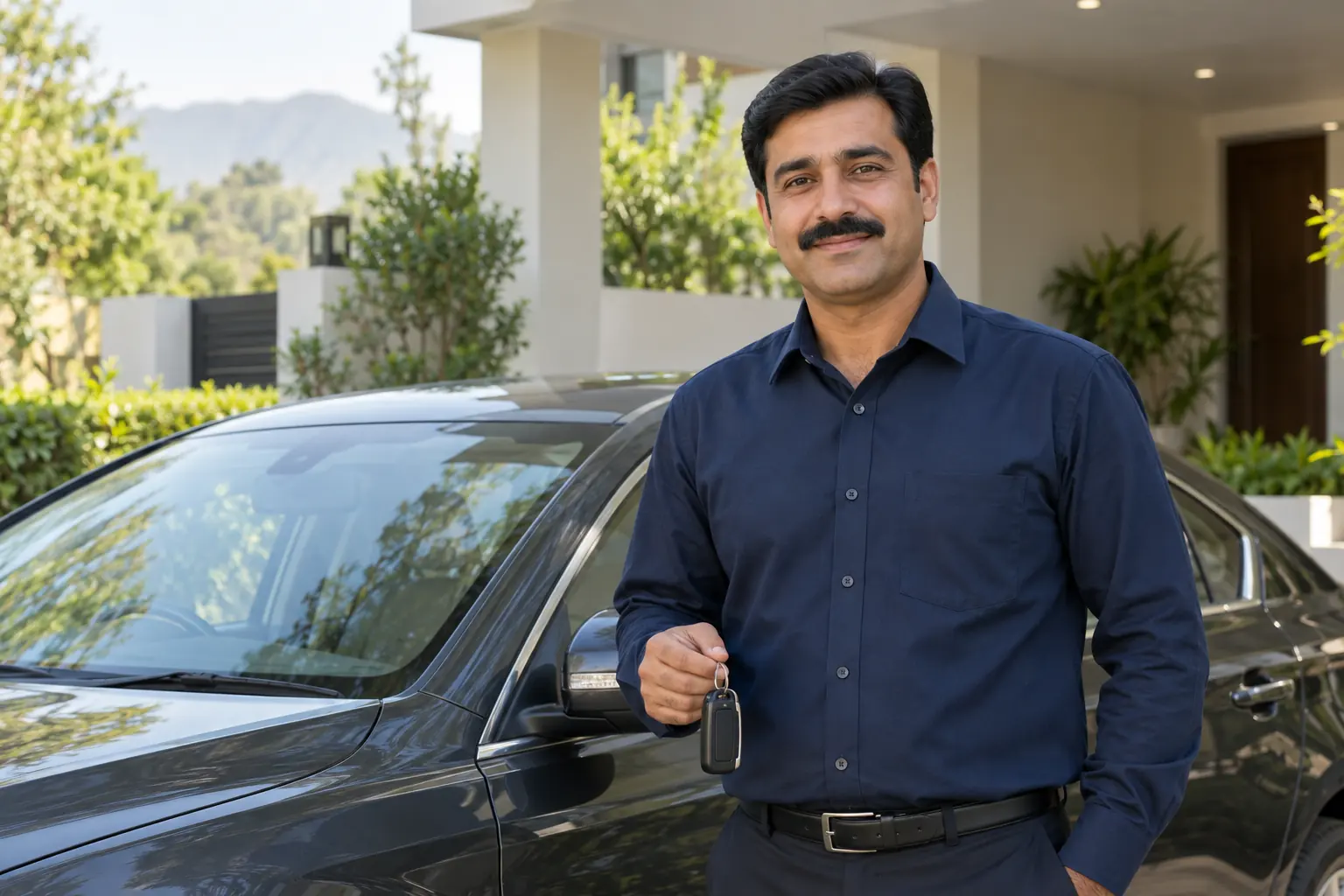 Family driver holding car keys beside a car outside a home in Islamabad