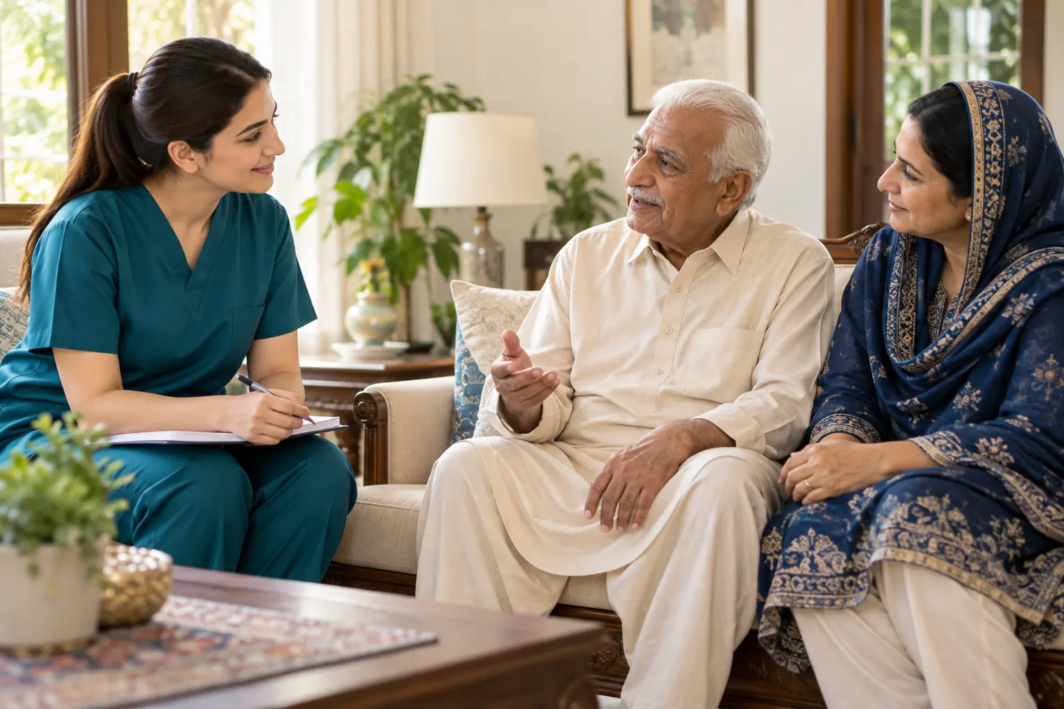 Nurse in scrubs taking notes while talking with an elderly man and his family at home