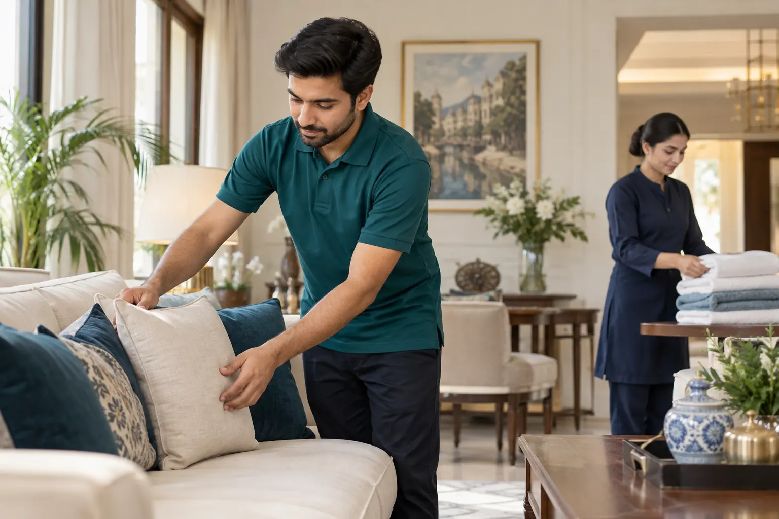 Household staff tidying a living room and folding fresh towels in a family home