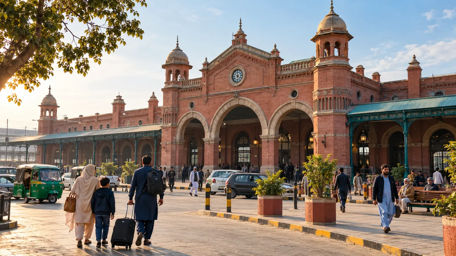 Rawalpindi Railway Station's red-brick facade with travellers outside