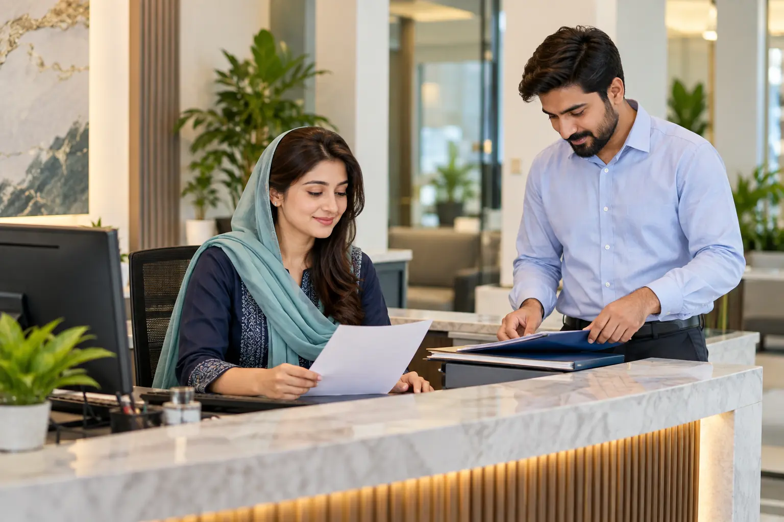 Receptionist and admin assistant reviewing documents at an office front desk